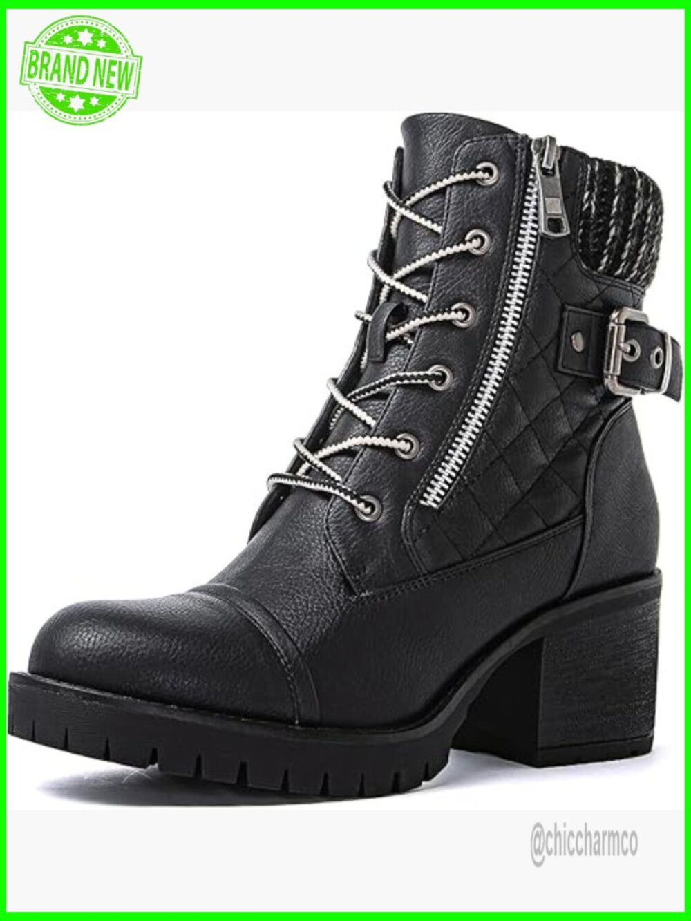 Women's Lace Up Combat Boots Ankle Booties Low Heel Chunky Boots Zip Faux